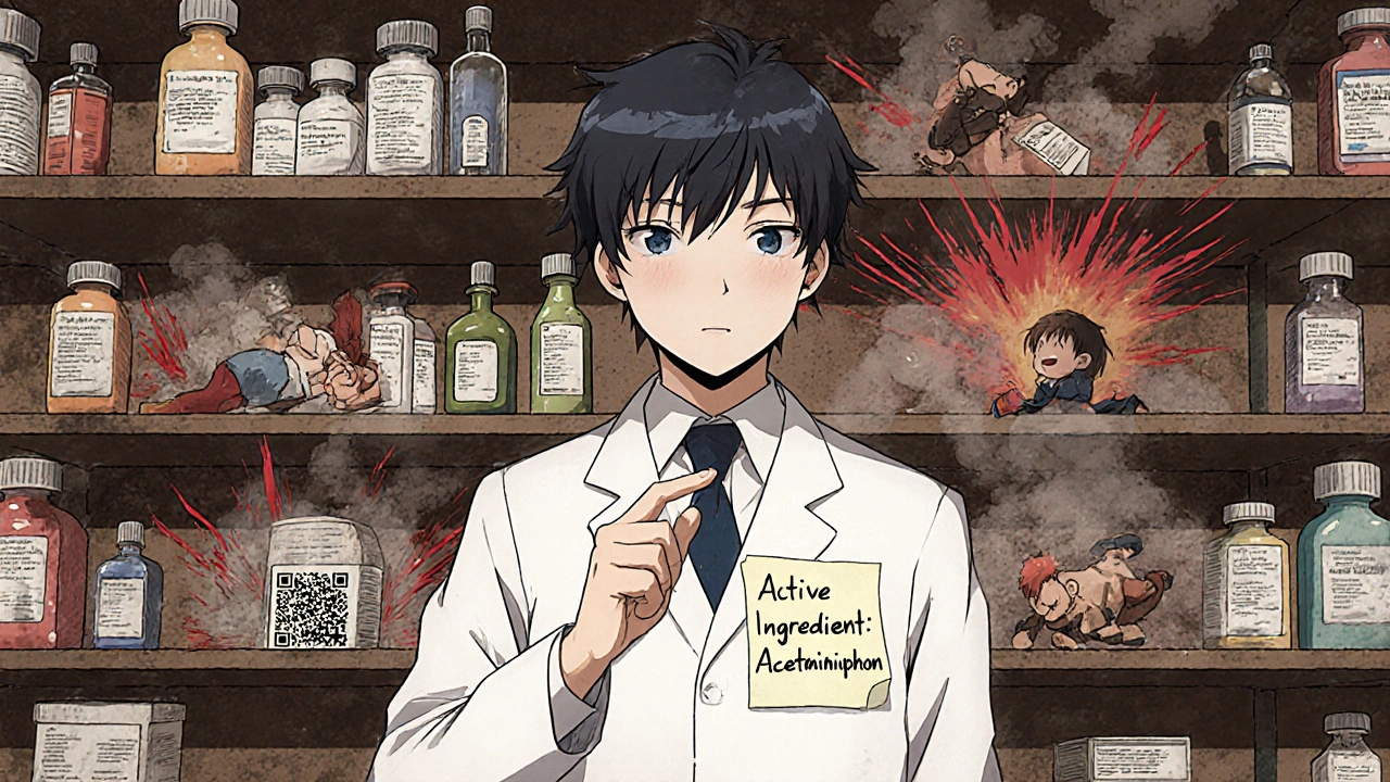 A pharmacist pointing to a sticky note with active ingredient written down, surrounded by surreal overdose imagery.