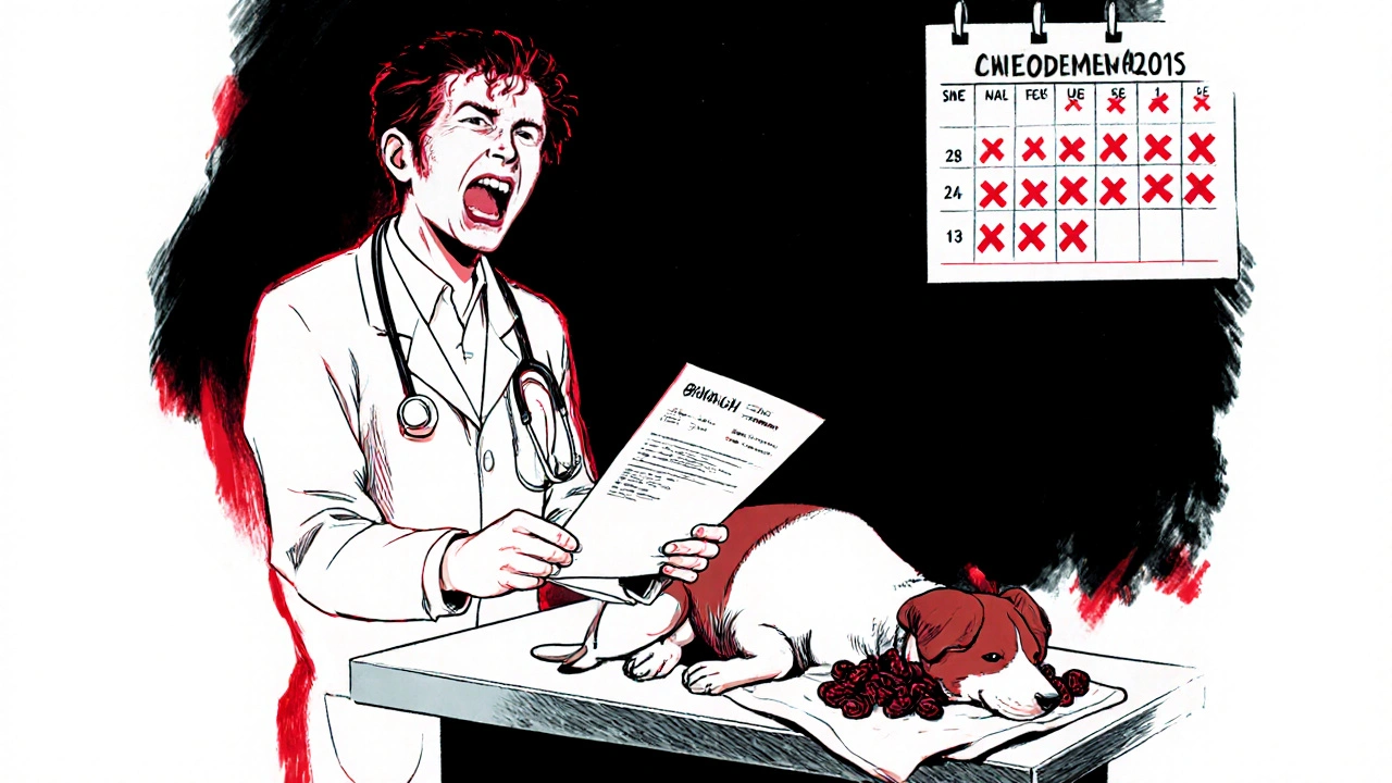 A vet holding a blood test report as a dog shows signs of internal bleeding, highlighting medical risks.