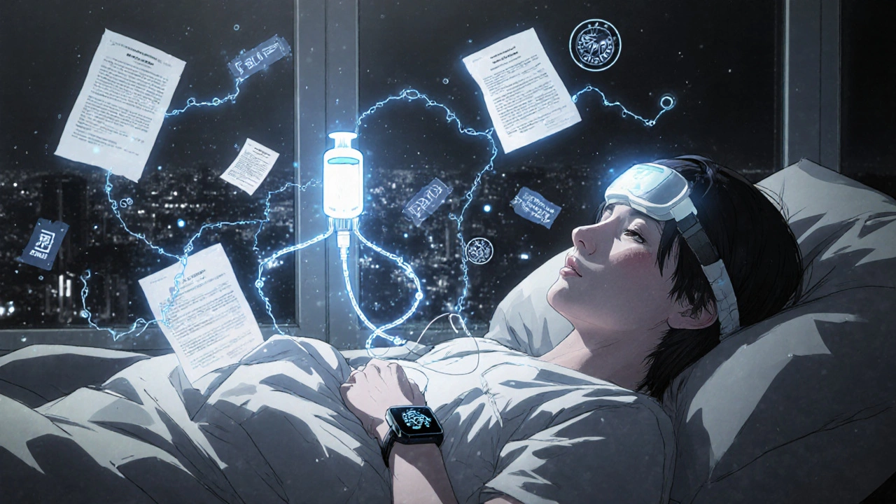An AI-powered insulin pump syncing with wearables while patient sleeps, surrounded by floating medical and insurance icons.