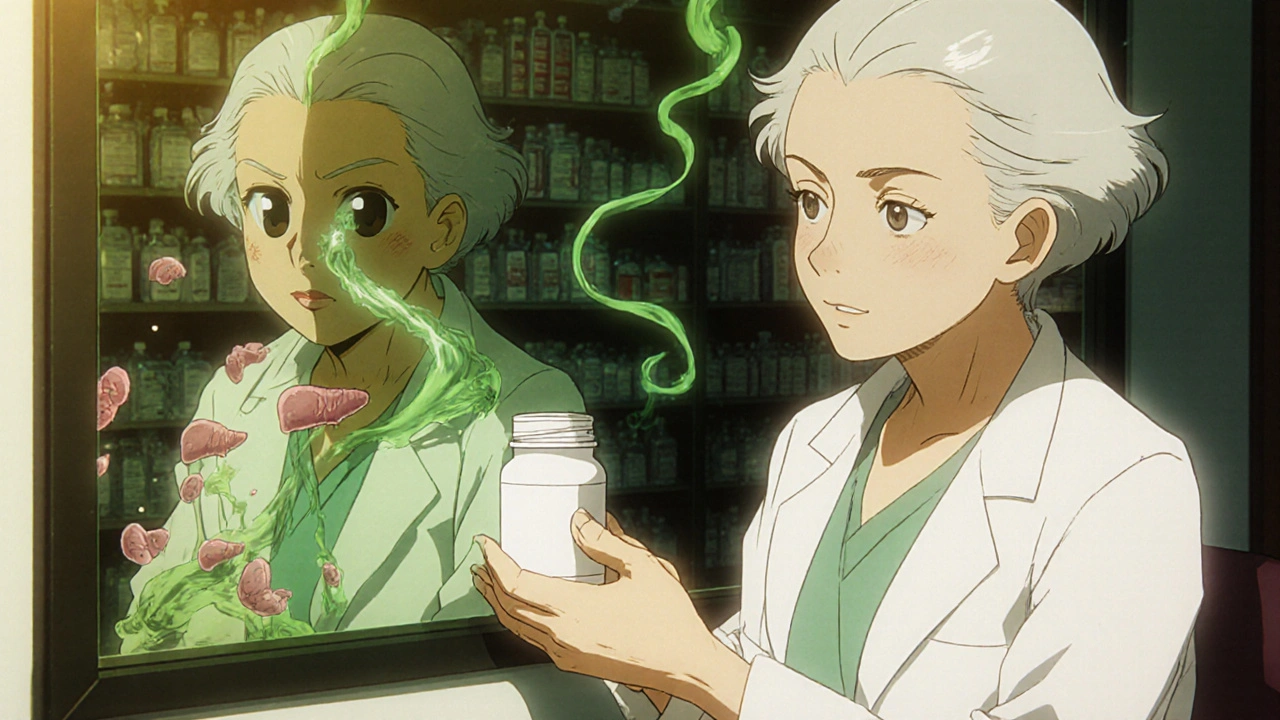 An elderly woman receives azithromycin at a pharmacy while toxic smoke curls from the pill bottle, shadowing her reflection.