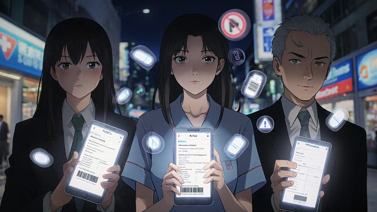 Diverse individuals checking medications on phones, FDA verification results displayed with warning symbols.