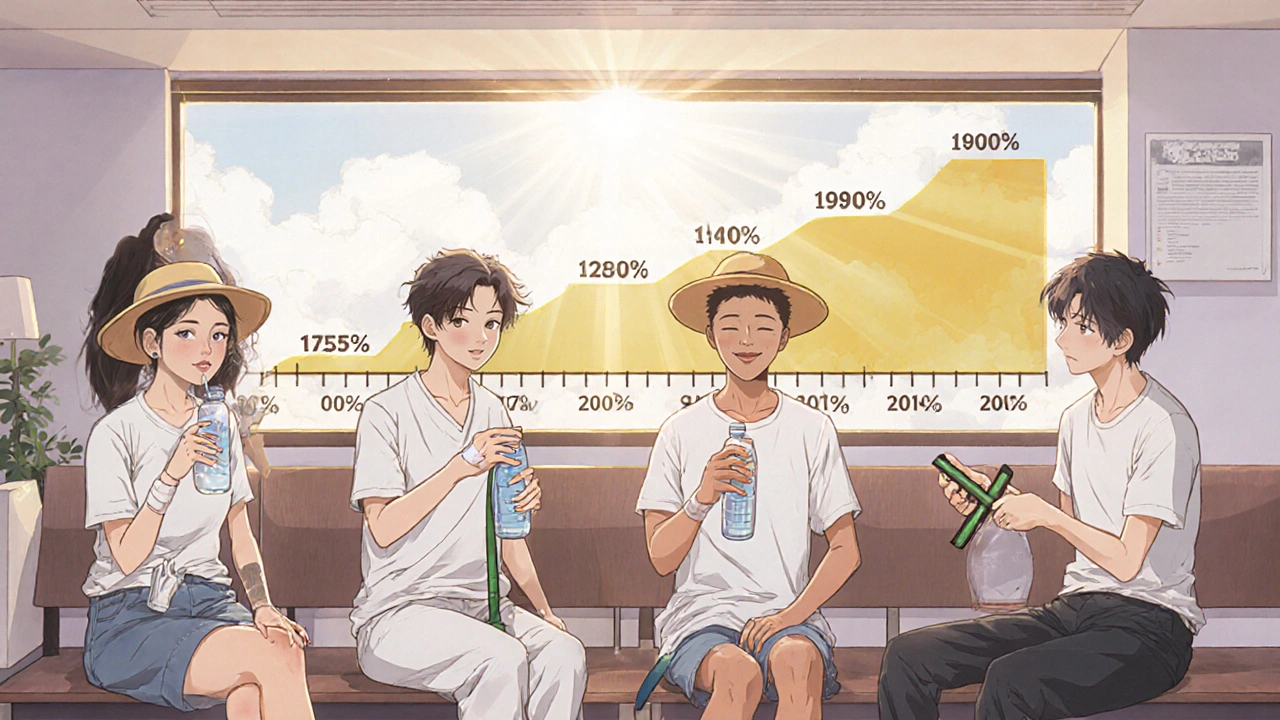 Diverse lupus patients in clinic smiling with sunhats and exercise bands, glowing timeline of improved survival behind them.