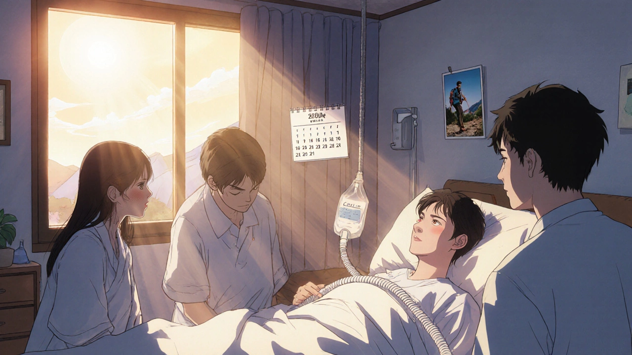 Family beside a bedridden MSA patient, CPAP machine running, faded hiking photo on wall, warm light through window.