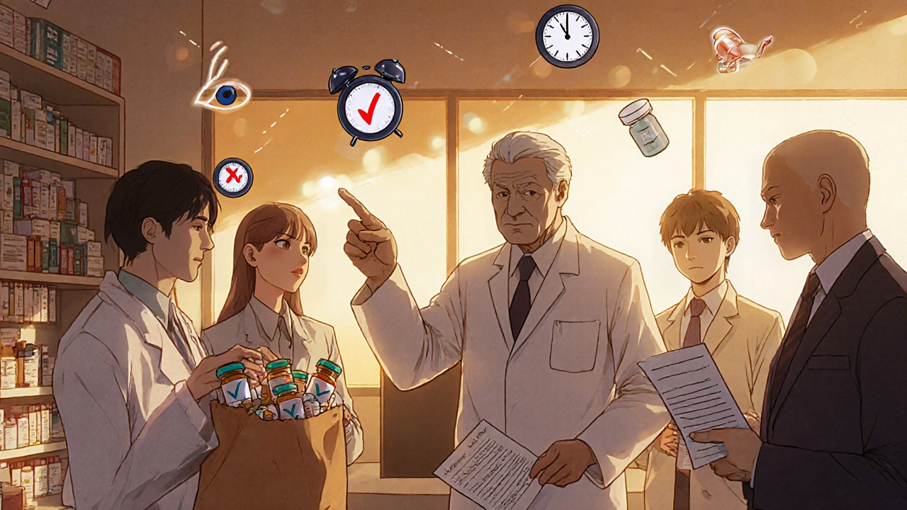 Group of people in pharmacy with pharmacist guiding them using a brown bag of medications.