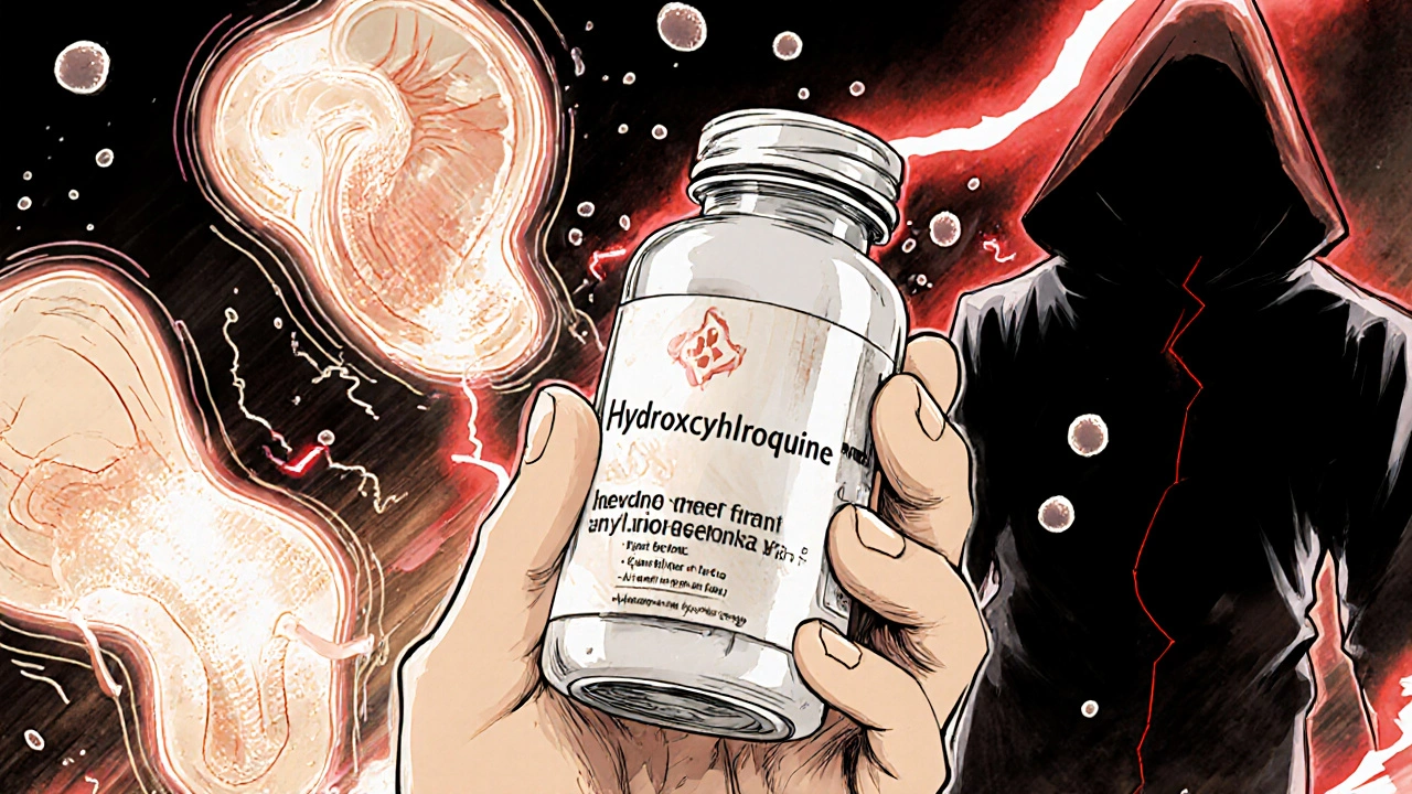 Hand holding hydroxychloroquine pill with energy waves calming joints, skin, and kidneys, detailed manga style.