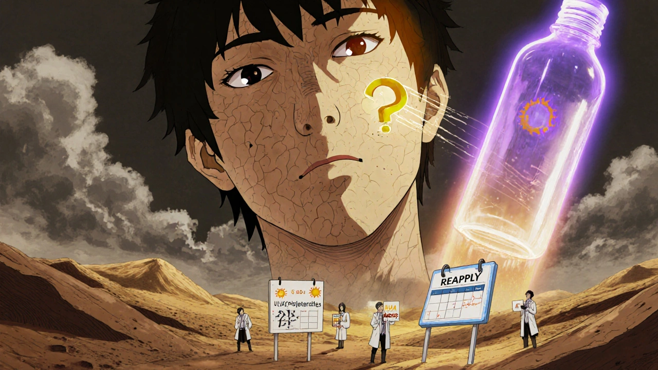 Human face as a landscape under a giant sunscreen bottle emitting protective light, symbolic of daily protection.