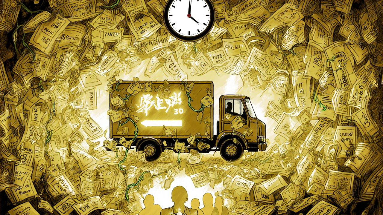 Labyrinth of legal patents blocking a generic drug delivery truck in a dense, glowing jungle of documents.