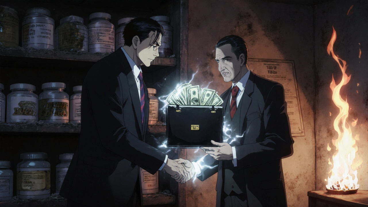 Pharmaceutical executive paying a generic maker to delay market entry, with approved drugs decaying in the background.