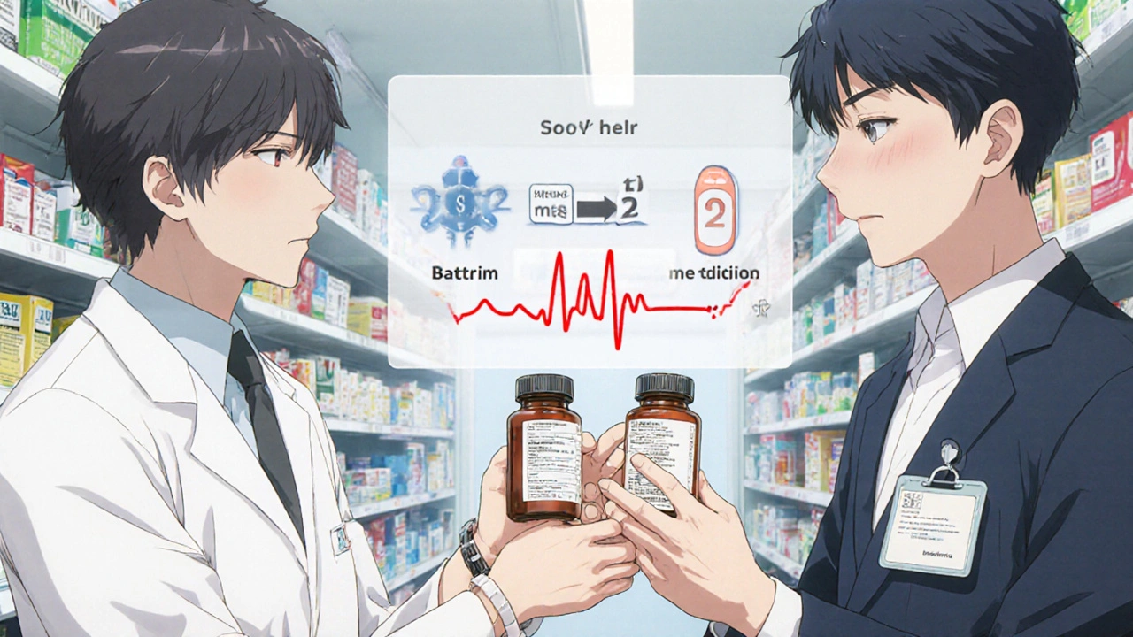 Pharmacist and patient exchanging diabetes meds with interaction warnings floating nearby