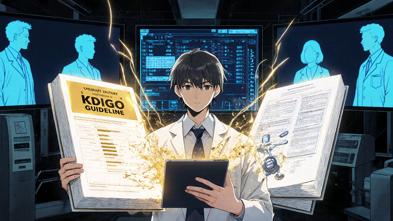 Pharmacist stands between conflicting guidelines as AI adjusts dialysis doses with glowing numerical streams.