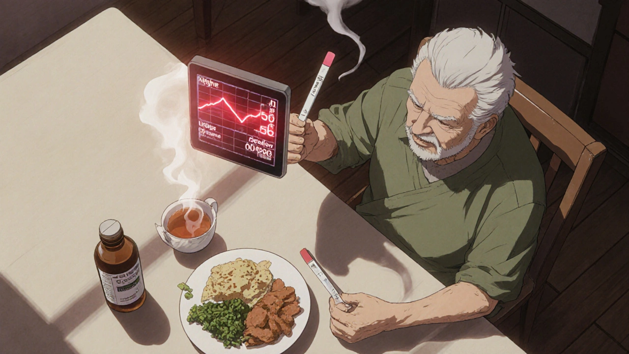 Senior testing urine for ketones while SGLT2 inhibitor pill sits nearby