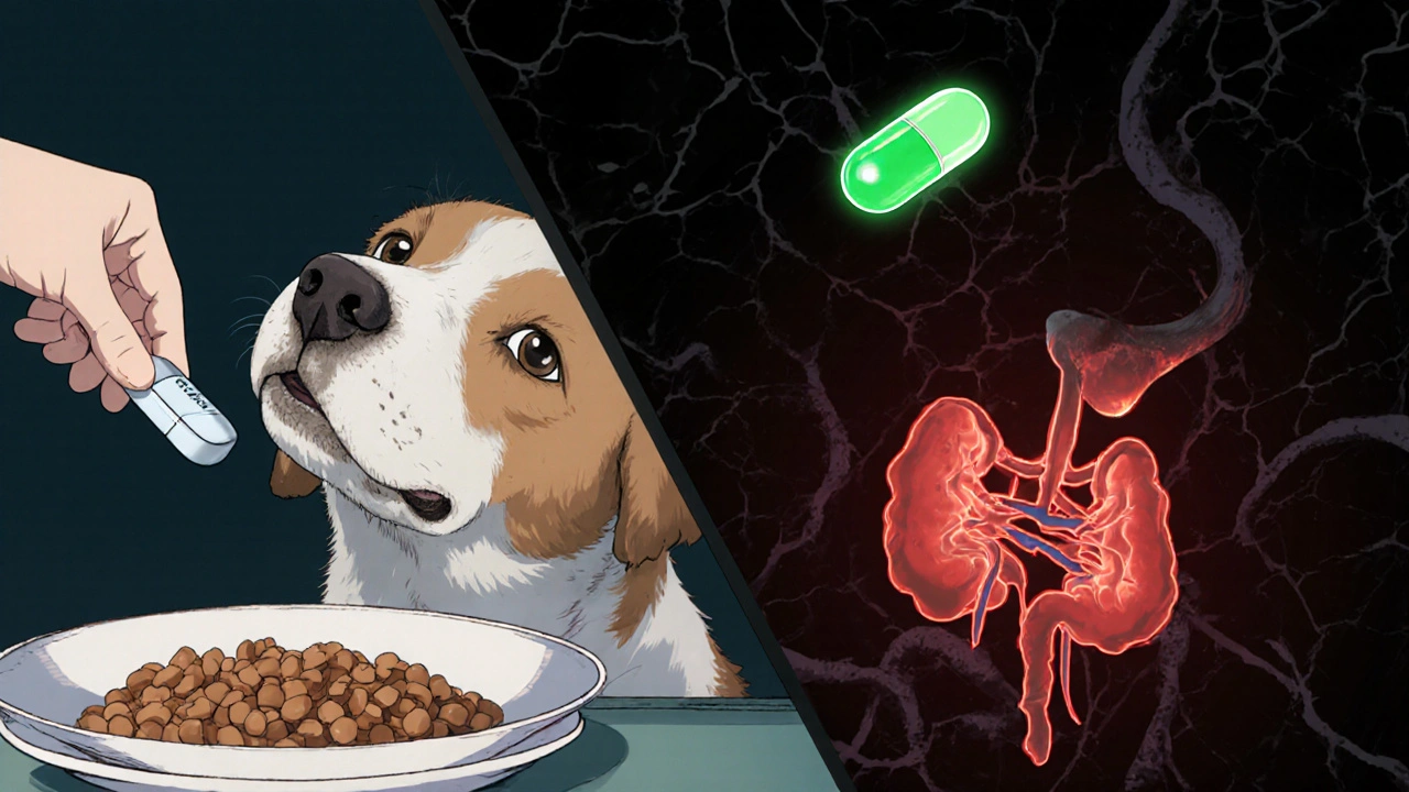 Split image showing safe piroxicam administration versus internal organ damage from misuse.
