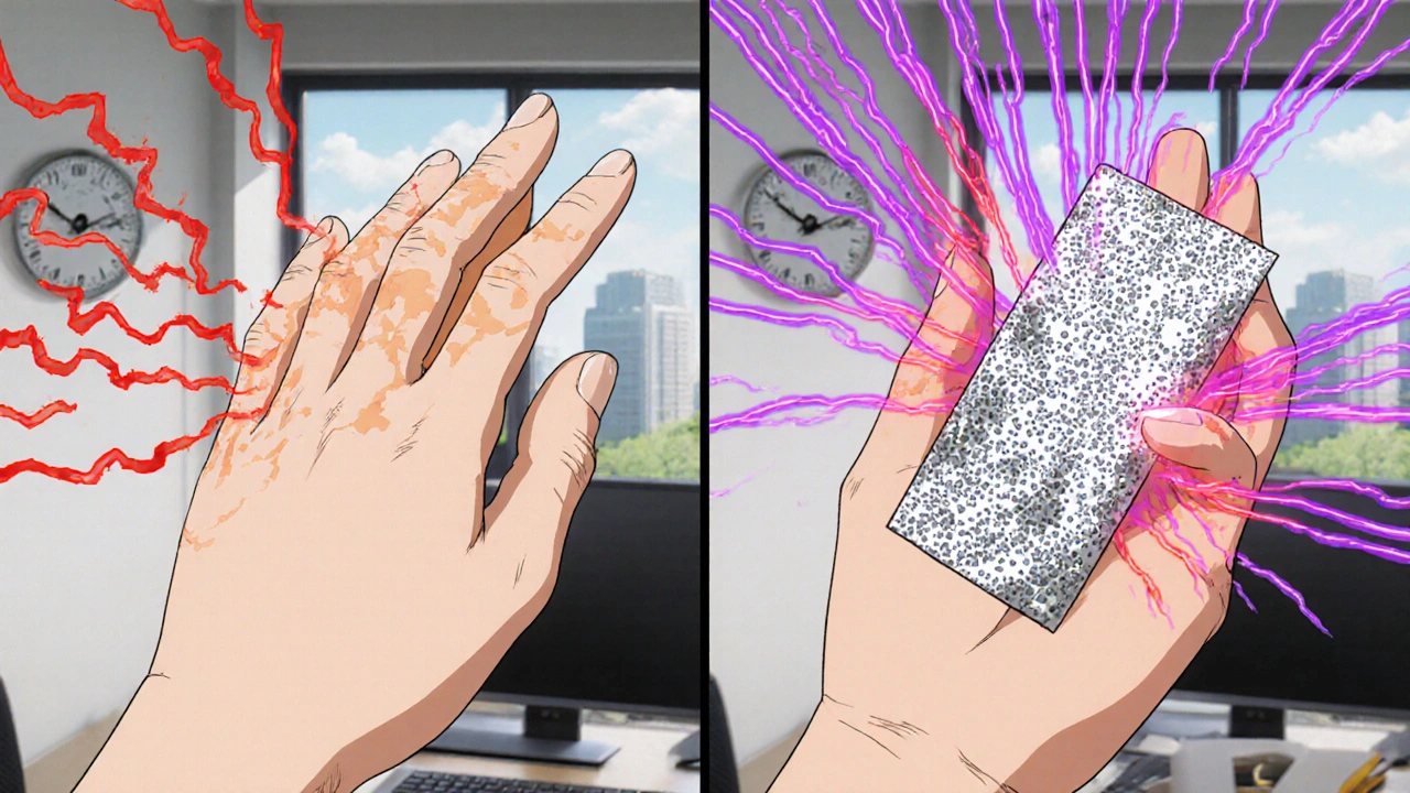 Split image: thin vs. thick sunscreen application, UV rays attacking or being blocked by skin.