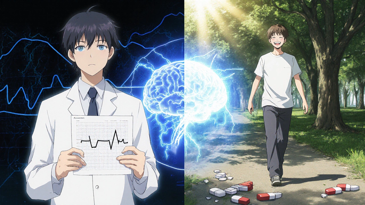 Split scene: a doctor shows an abnormal ECG on one side, while the same patient walks peacefully in sunlight on the other, with glowing brain pathways between them.