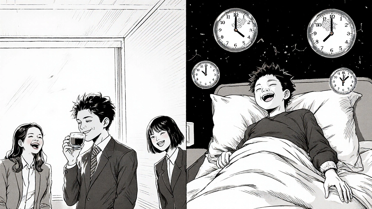 Split scene: someone drinking coffee at 3 p.m. vs. same person haunted by 8.8-hour caffeine clocks at midnight.