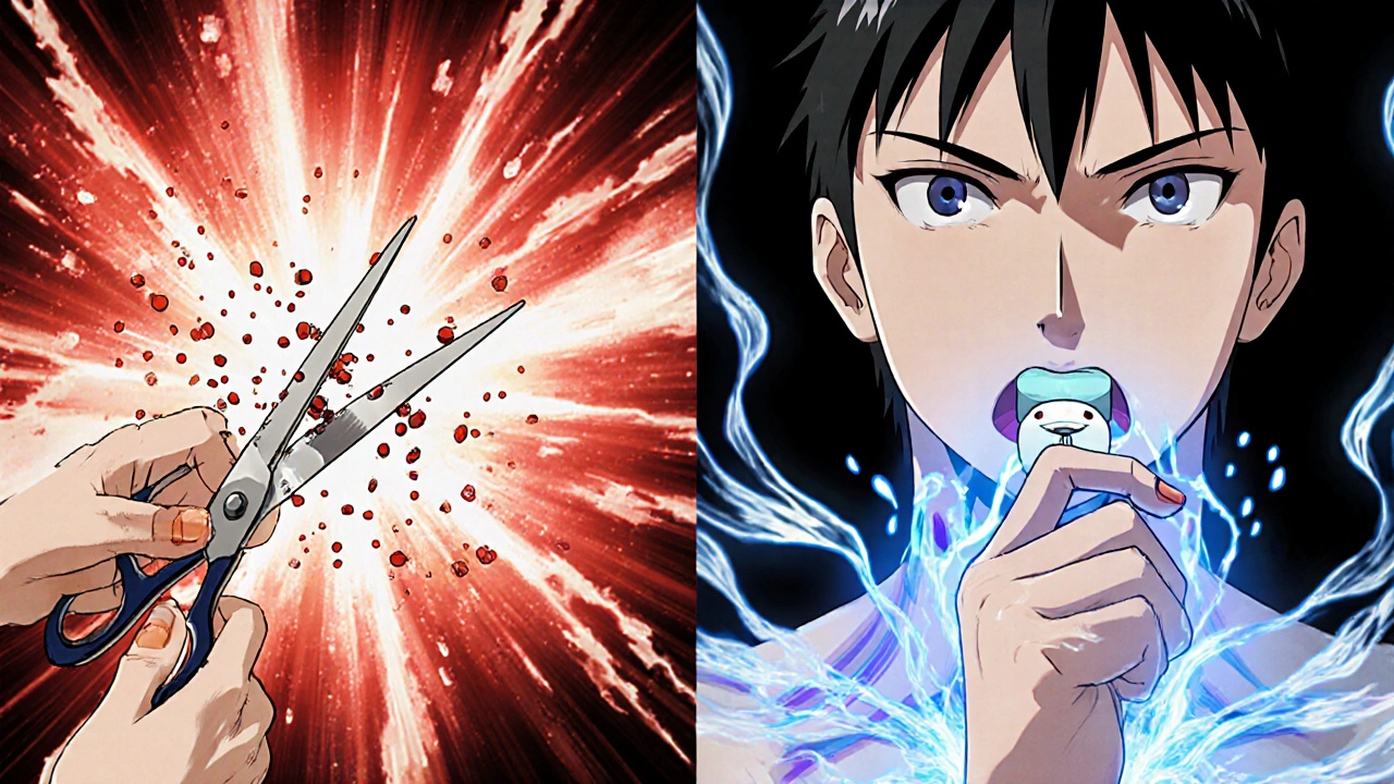 Split-screen showing safe vs dangerous pill splitting methods