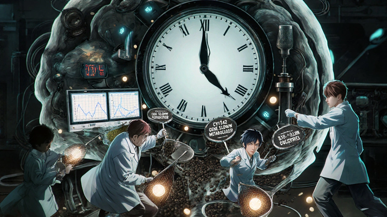 Tiny scientists chasing caffeine particles inside a human skull under a glowing 12 a.m. clock.