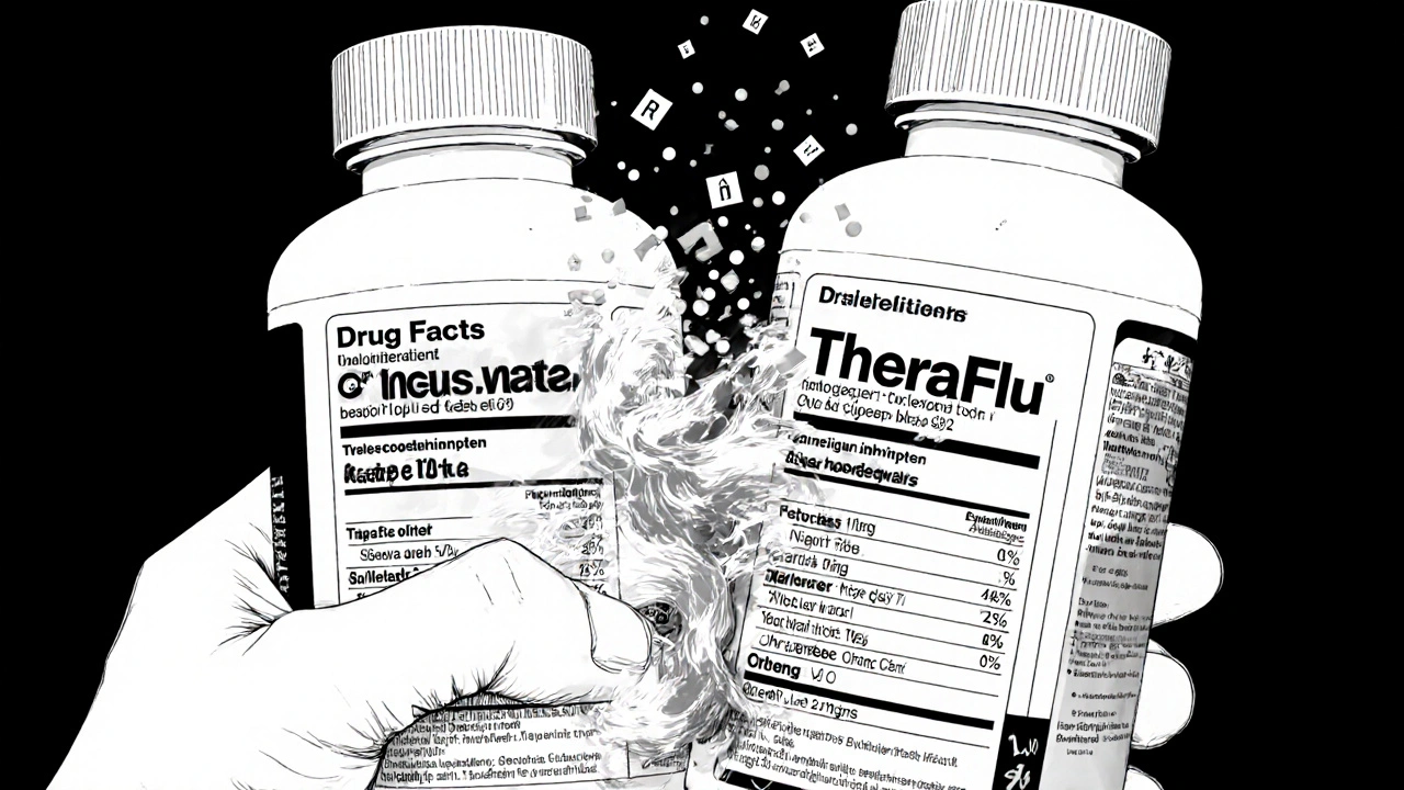 Two medicine bottles side by side with transparent dosage overlays showing dangerous acetaminophen overlap.