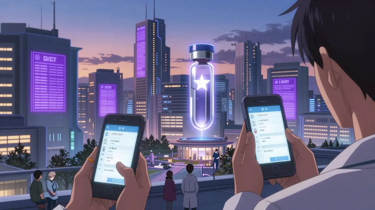 A cityscape lit by projected FDA Purple Book data, with tiny figures scanning biosimilar approvals on handheld devices.