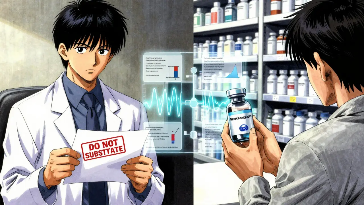 A doctor and pharmacist face each other across a prescription, one with a no-substitution stamp, the other handing an interchangeable biosimilar.