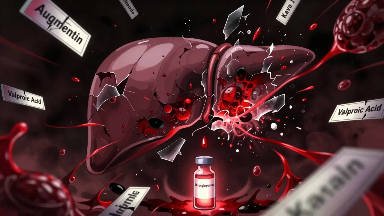 A fractured liver in a dark void, exploding with toxins, surrounded by drug labels, as a lifesaving vial glows below.