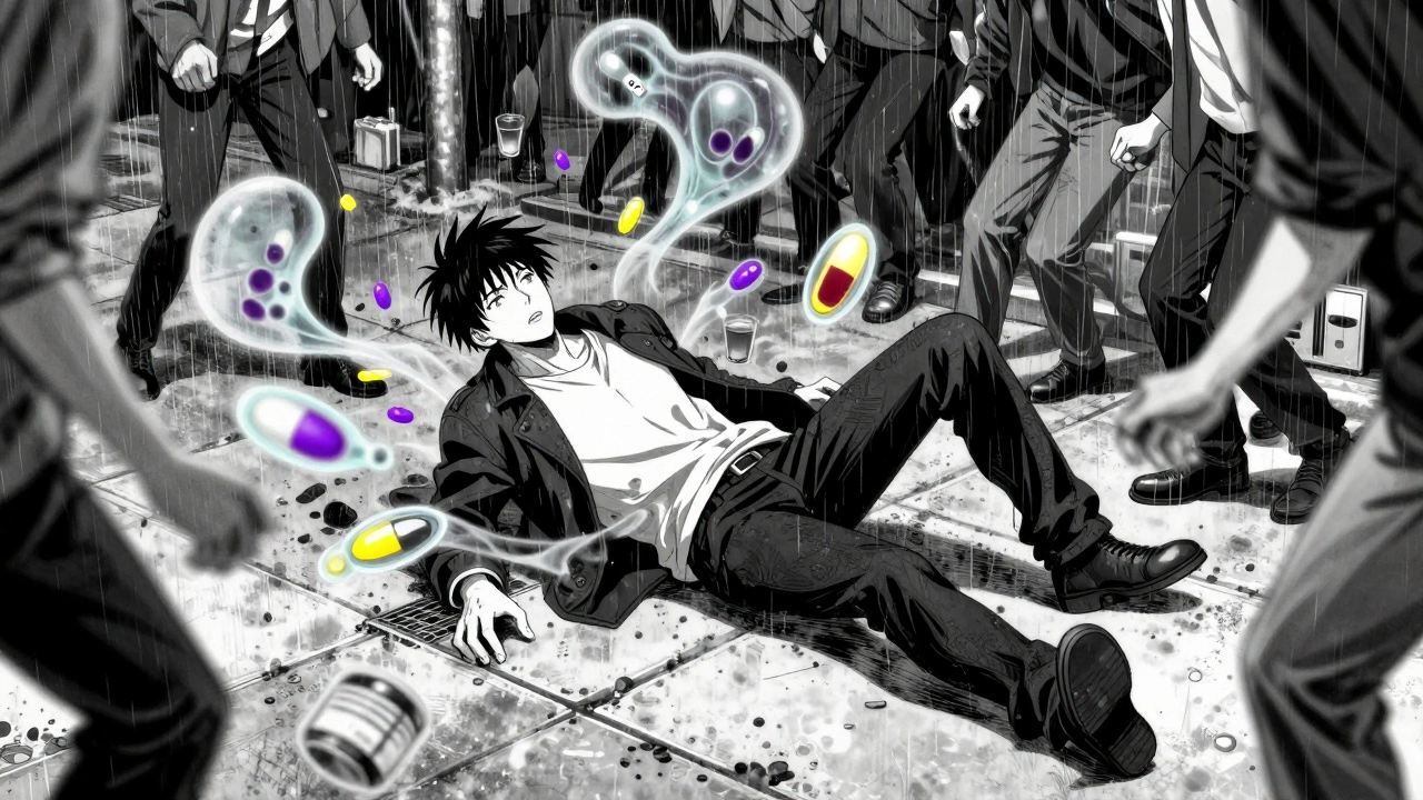 A man having a seizure on a rainy street as drug molecules swirl around him, bystanders frozen in shock.