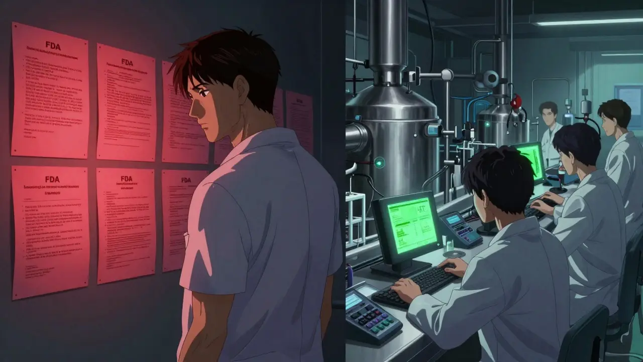 A manufacturer facing FDA rejection letters while a team uses real-time sensors to monitor drug production.