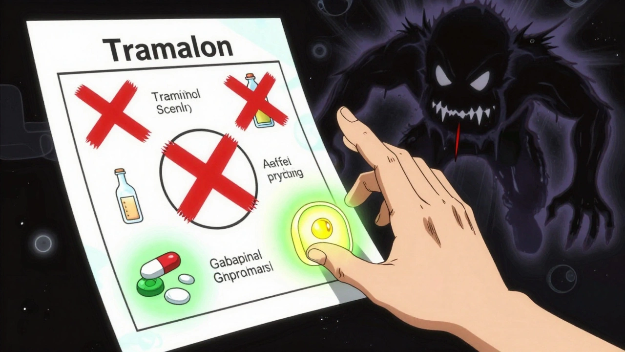 A medical chart with red X’s over dangerous drugs, safe alternatives glowing green, a hand rejecting tramadol.