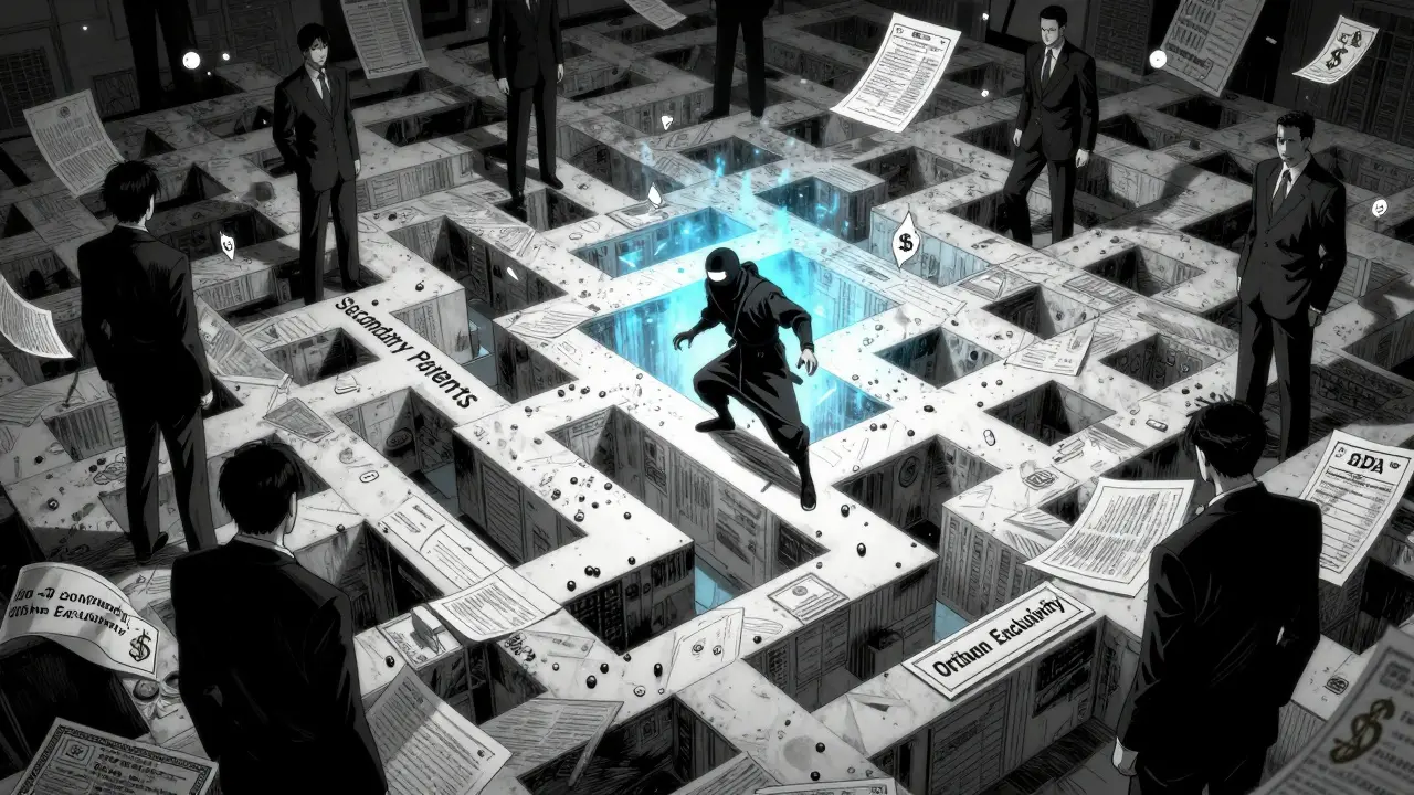 A ninja trying to break through a maze of legal patents and exclusivity barriers in a pharmaceutical courtroom.