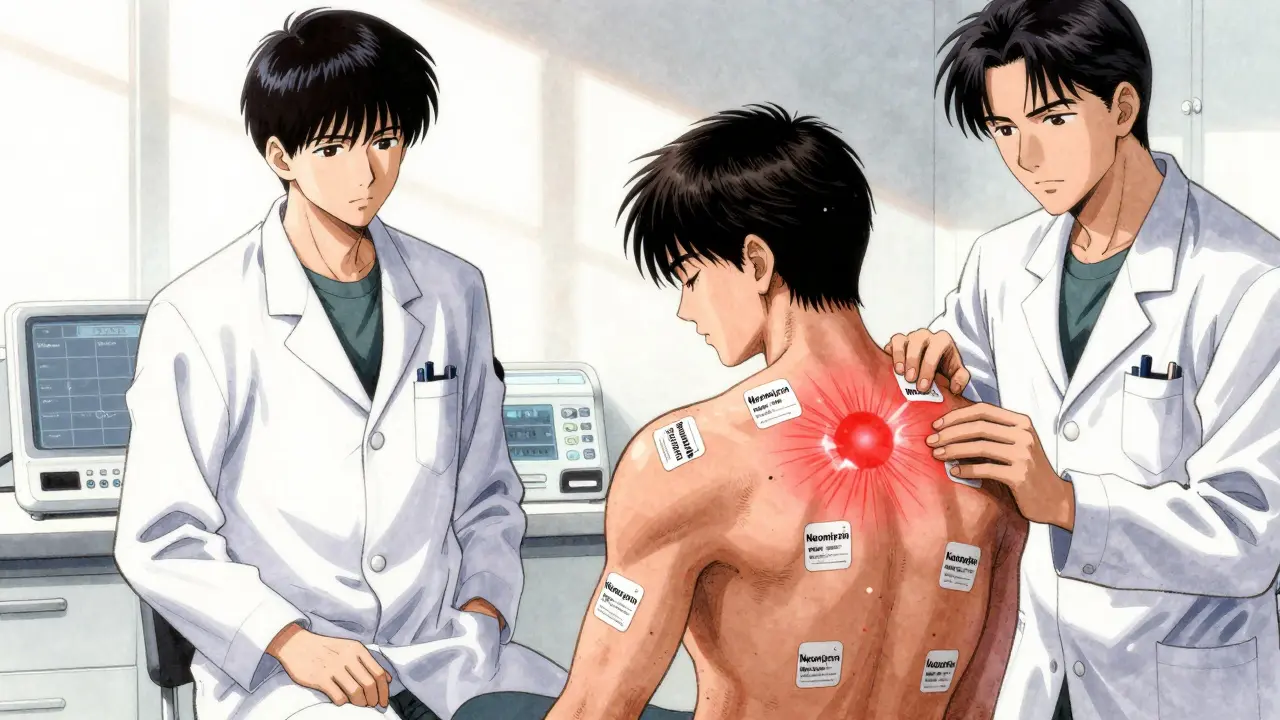 A patient's back covered in patch test stickers, with one area glowing red as the skin reacts to an allergen.