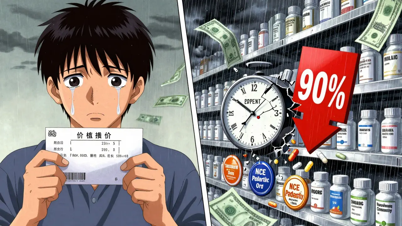 A patient crying over a costly prescription, while generics rain down with 90% price drops, surrounded by crumbling patent clocks.