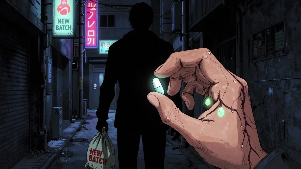 A person holding a pill with glowing fentanyl veins in a dark alley at night.