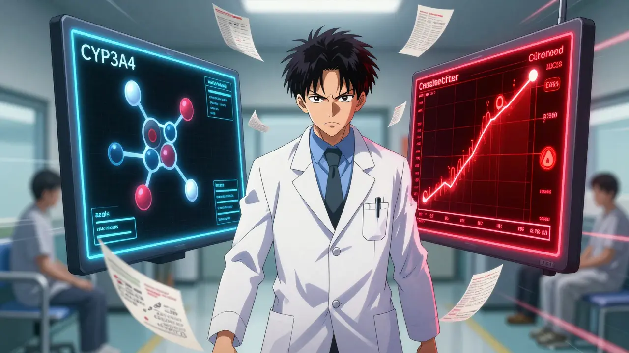 A pharmacist facing digital medical warnings about enzyme inhibition and rising toxin levels in a hospital setting.