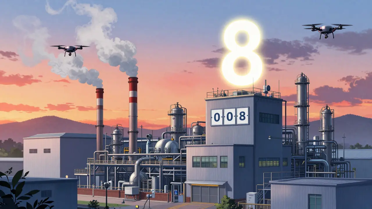 A U.S. generic drug factory at dawn with a glowing 8-month approval timer above it.