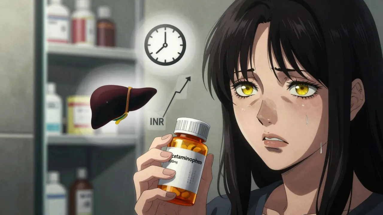 A woman staring at her reflection in a mirror, showing yellowing skin, with floating icons of liver damage and clock ticking.