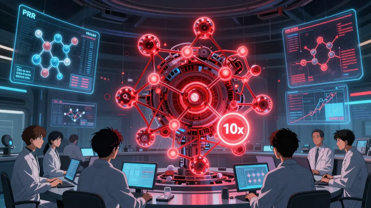 AI system analyzing molecular structures of drugs with red class-wide and orange drug-specific risk signals.