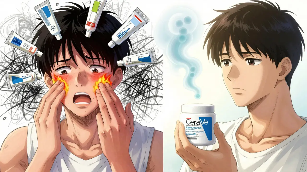 Before and after: one side shows discarded medicated creams, the other shows a simple moisturizer and clear skin.