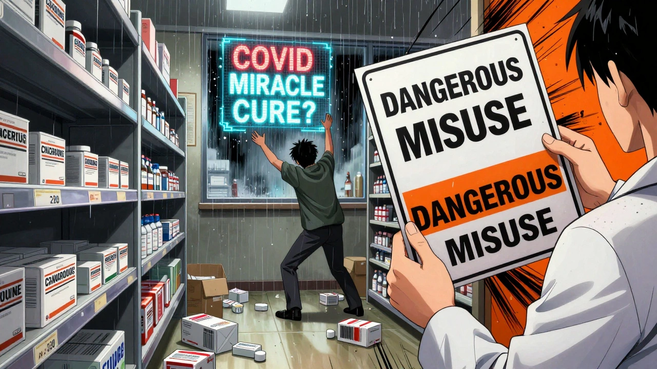 Chaotic pharmacy shelf with empty chloroquine boxes and a news headline about COVID-19