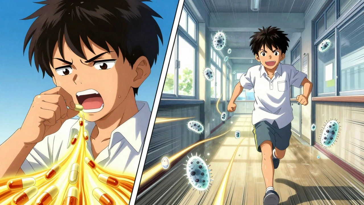 Child taking antibiotics, then running happily at school, bacteria vanishing behind.