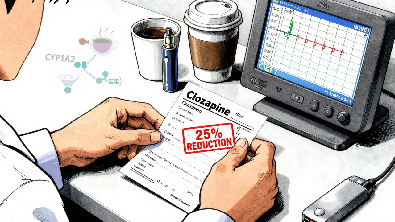 Clinician adjusting clozapine dose, TDM monitor showing blood levels, coffee and vape on counter.