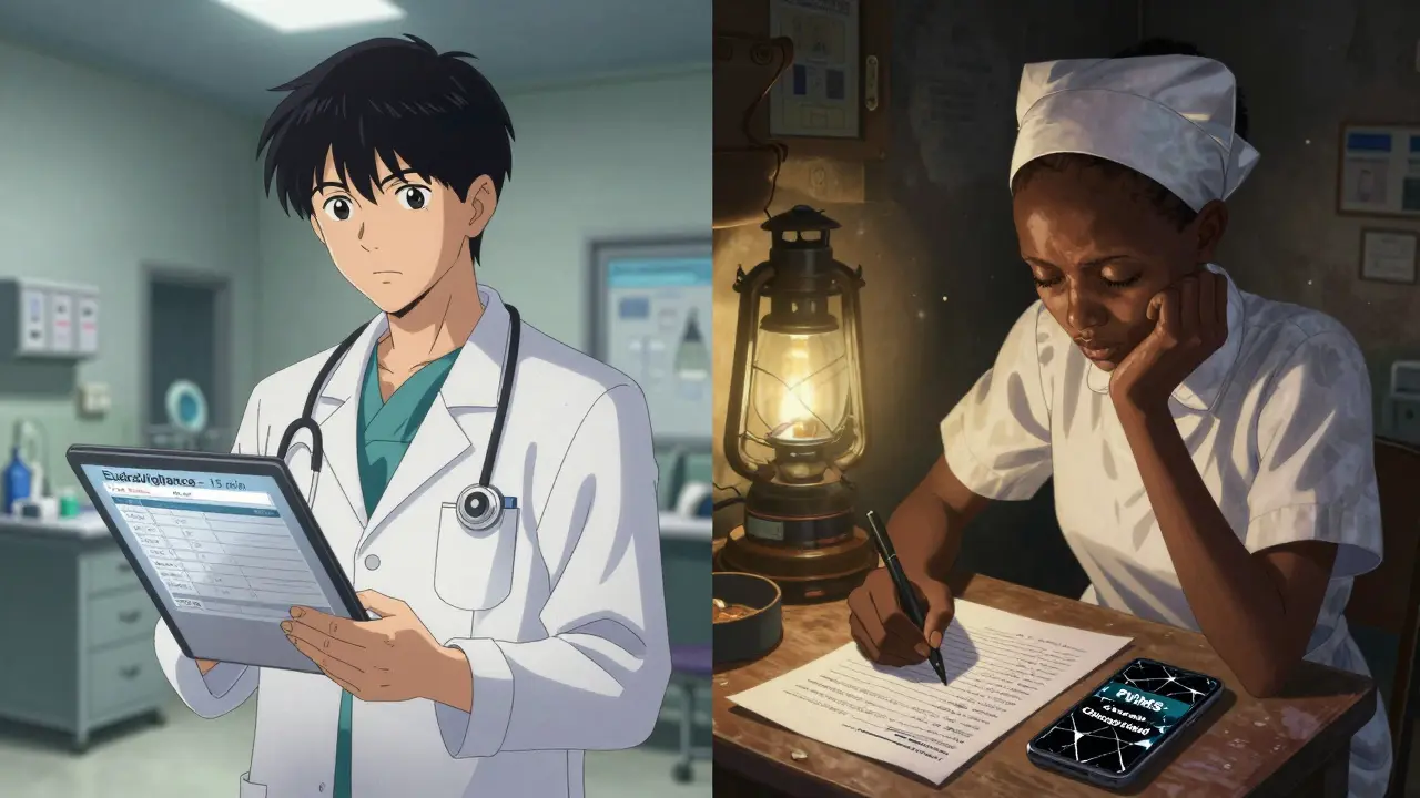 Contrast between a high-tech clinic reporting adverse reactions and a rural clinic with failed digital tools.