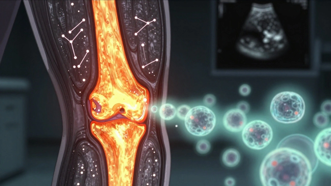 Cross-section of inflamed joint with diagnostic waves and T-cells marching toward tissue.