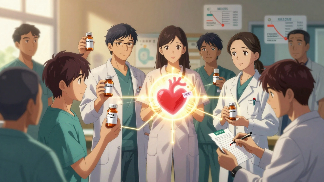 Diverse patients connected by glowing pathways to a heart icon, holding different statin bottles.