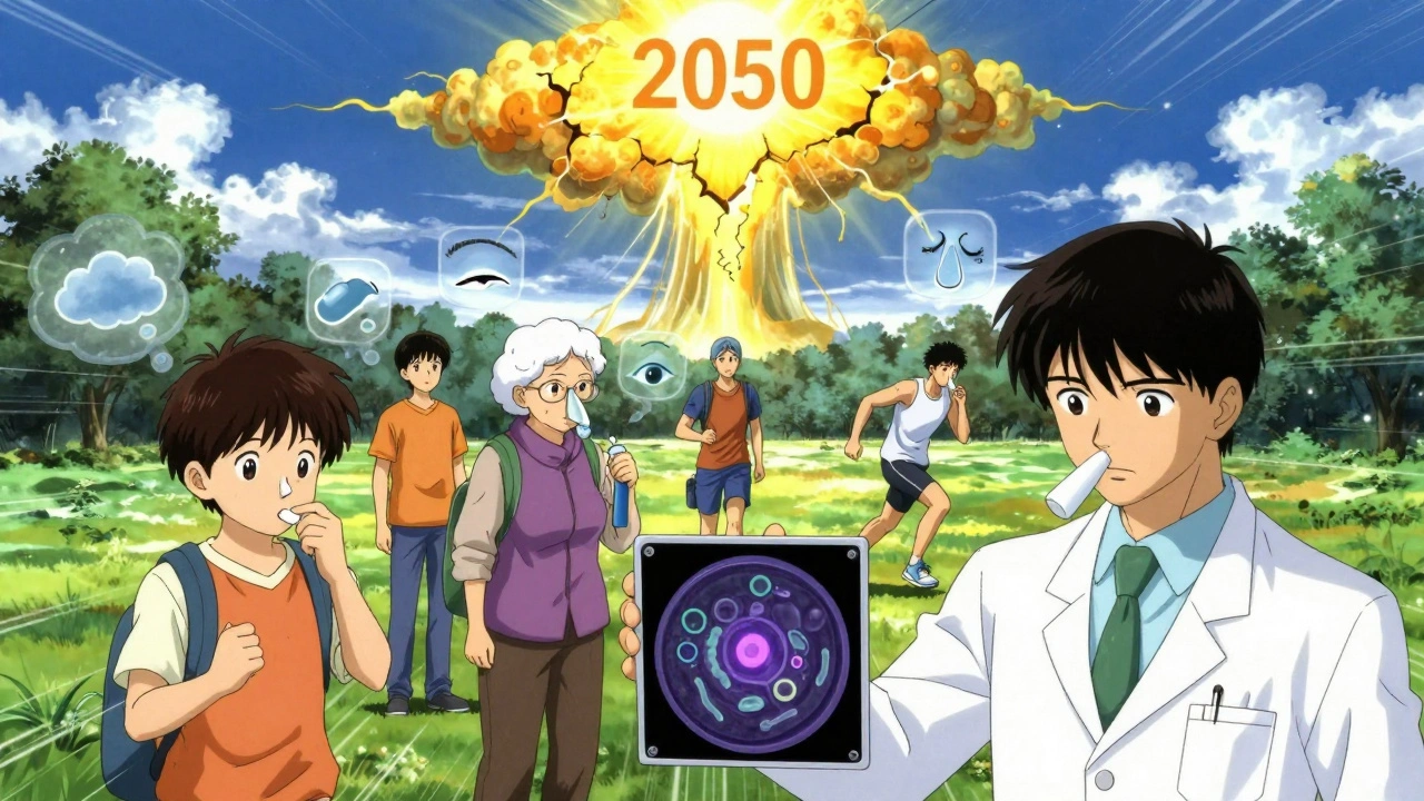 Diverse people managing allergies in a park, with a looming pollen cloud and scientist holding a receptor diagram.