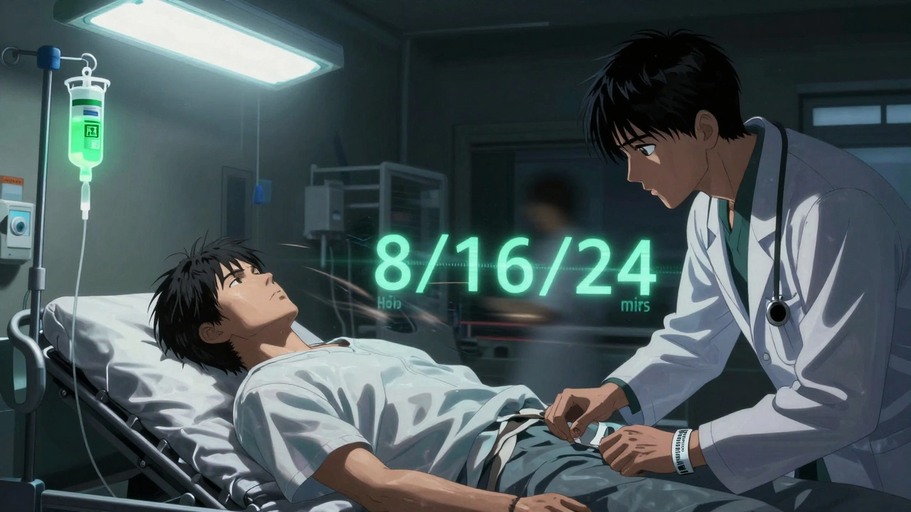 ER scene with patient being rushed, NAC IV glowing green, 8-16-24 hour countdown in background.