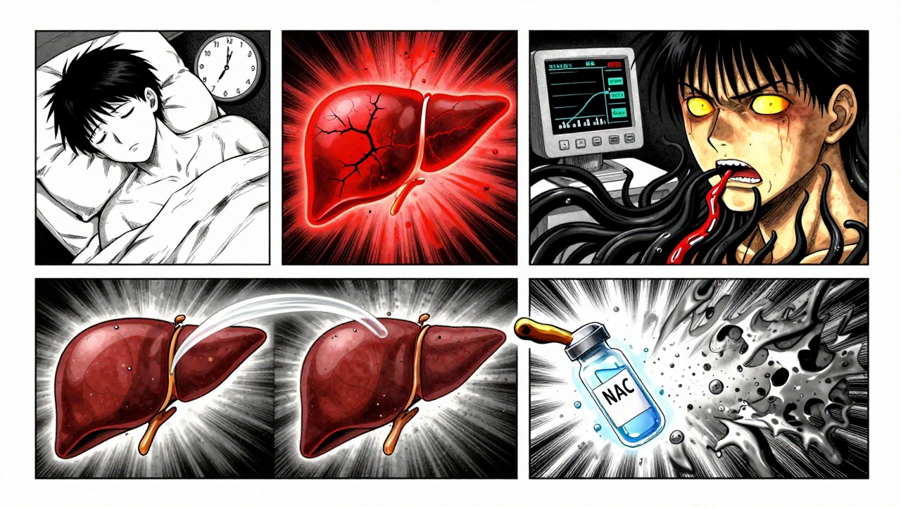 Four-panel manga-style progression of acetaminophen toxicity stages, showing liver damage and antidote recovery.
