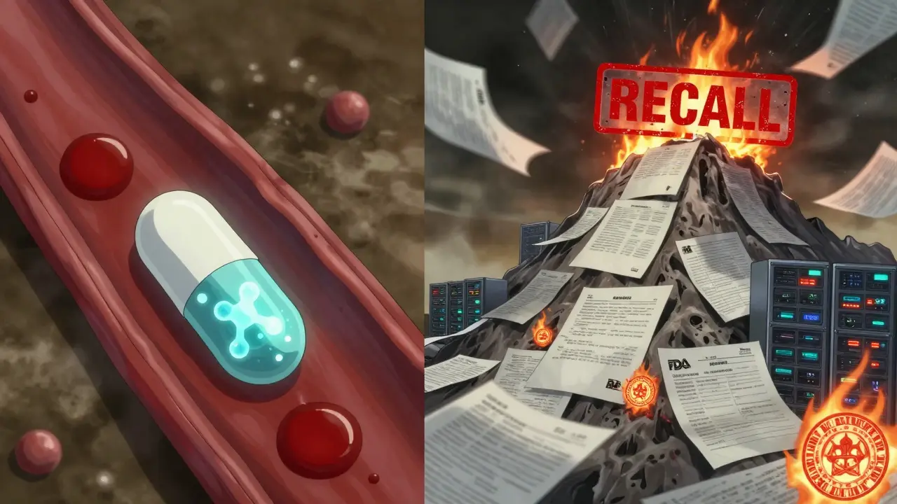 Generic pill dissolving in bloodstream beside burning records marked 'RECALL'.