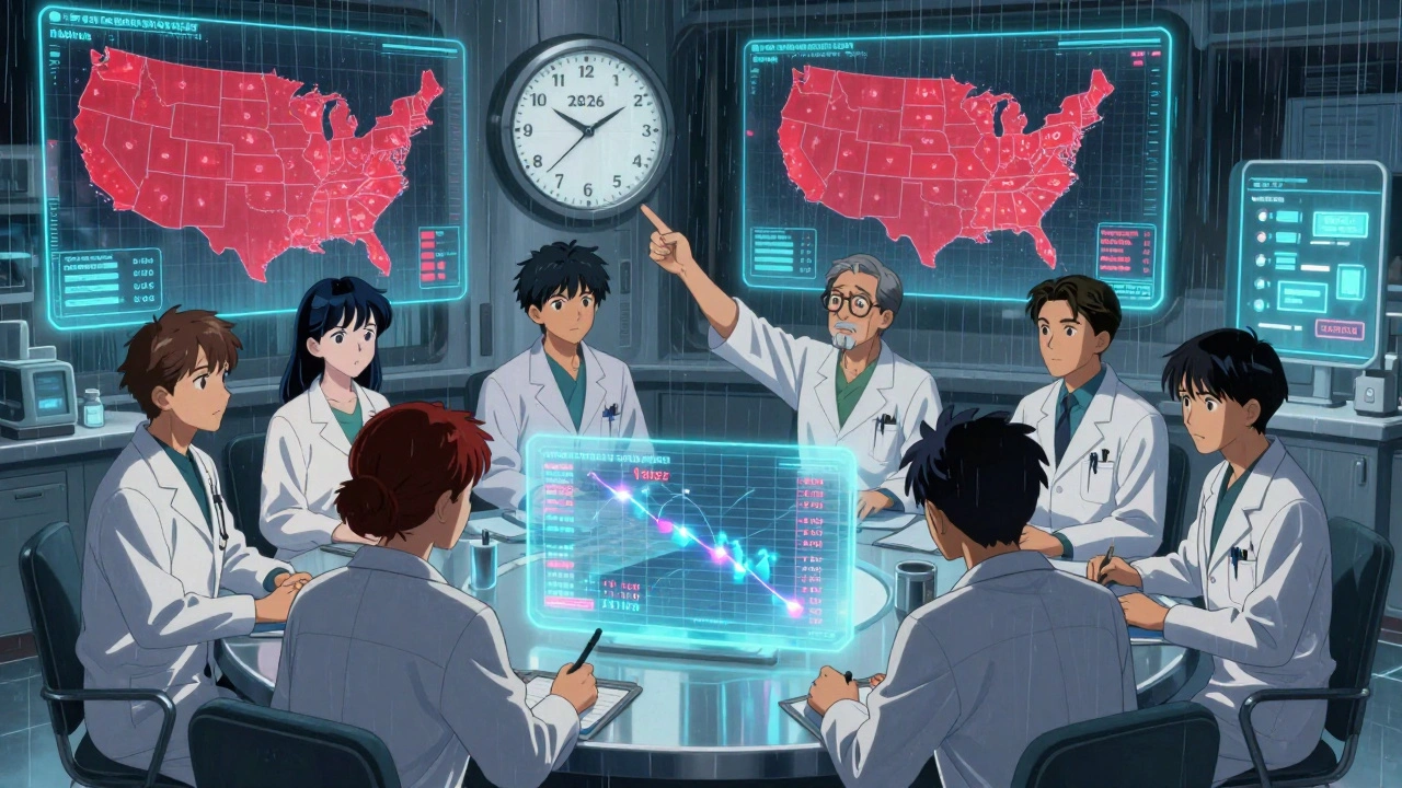 Healthcare team in war room monitoring patent expirations on glowing dashboards and U.S. maps.