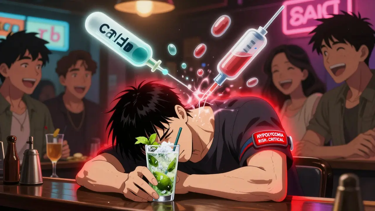 Man collapsed at bar with alcohol and insulin molecules colliding above him, friends unaware.