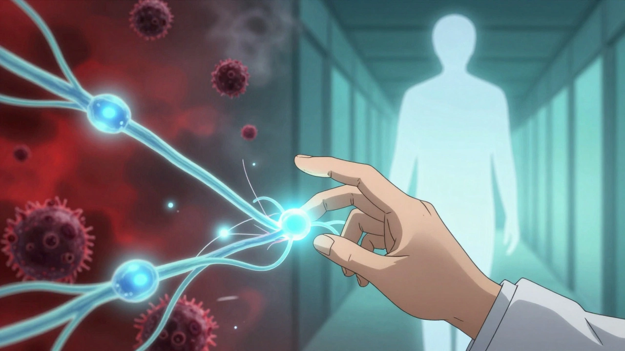 Nanobots repairing myelin as oligodendrocytes revive, symbolizing hope and recovery from MS.